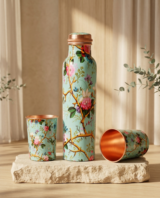Floral Design Pure Copper Water Bottle Set - 1000 ml Copper Bottle with 2 Matching Copper Glasses