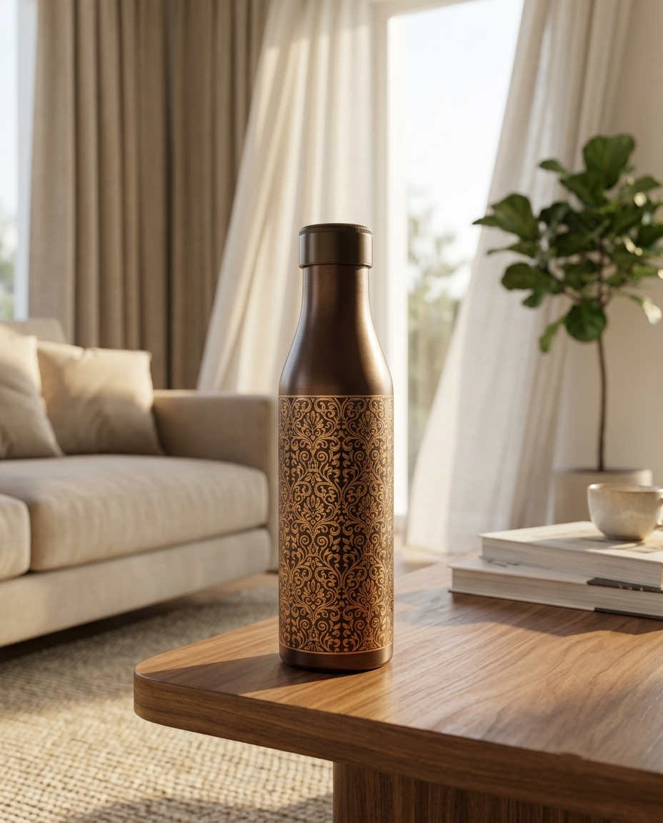 Shivara Premium Pure Copper Water Bottle 1000 ml | Antique Floral Design