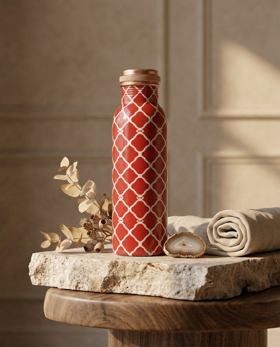 Shivara Premium Pure Copper Water Bottle 1000 ml | Red Printed Design
