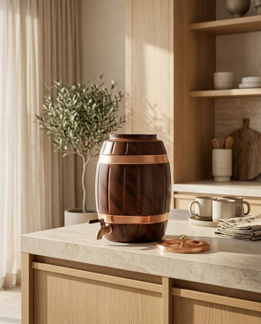 Shivara Premium Pure Copper Water Dispenser 5 Litre | Barrel Design Brass Tap & Lid