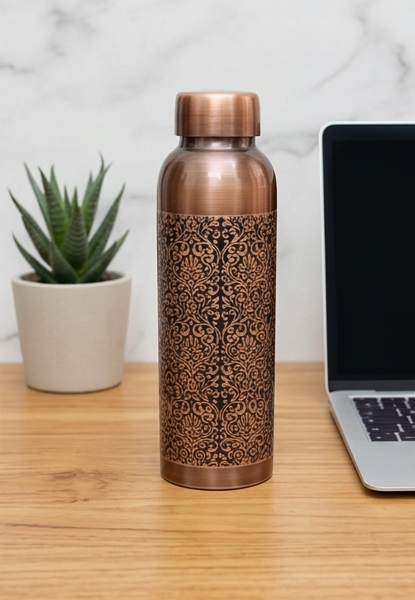 Shivara Premium Copper Water Bottle 1000 ml | Antique Etching Design