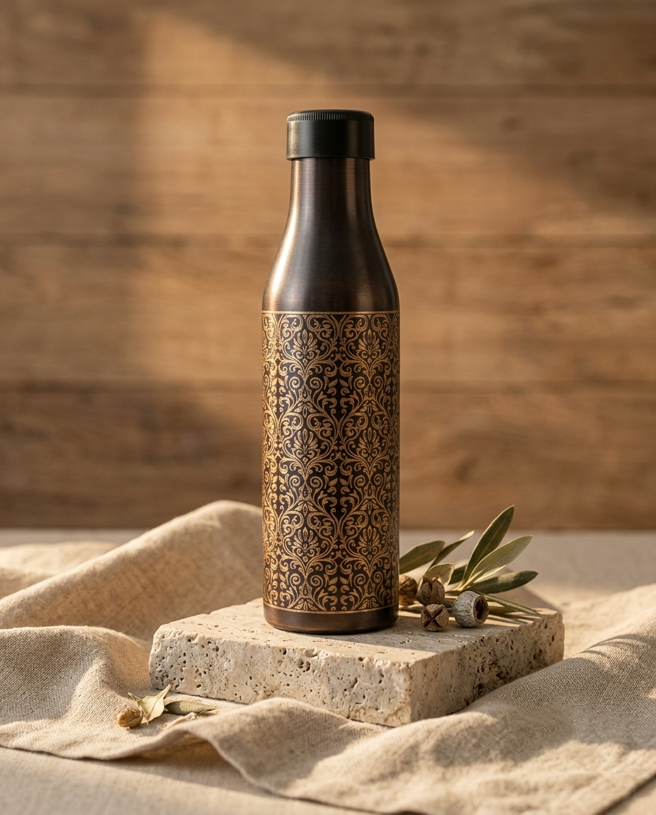 Shivara Premium Pure Copper Water Bottle 1000 ml | Antique Floral Design