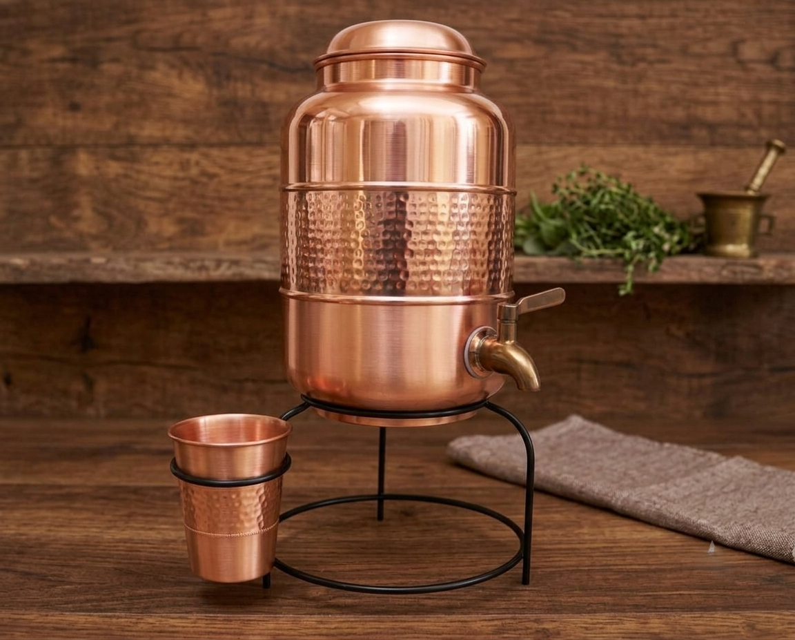 Shivara Premium Half Hammered Pure Copper Water Dispenser 5 Litre with 1 Glass & Stand