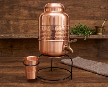 Shivara Premium Half Hammered Pure Copper Water Dispenser 5 Litre with 1 Glass & Stand