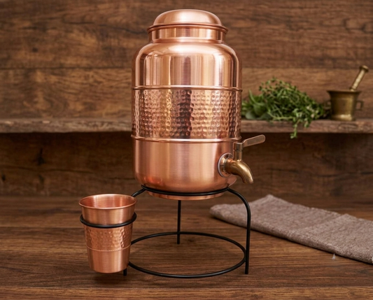 Shivara Premium Half Hammered Pure Copper Water Dispenser 5 Litre with 1 Glass & Stand
