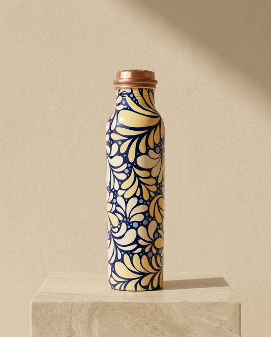 Floral Pattern Pure Copper Water Bottle - 1000 ml Handmade Copper Bottle