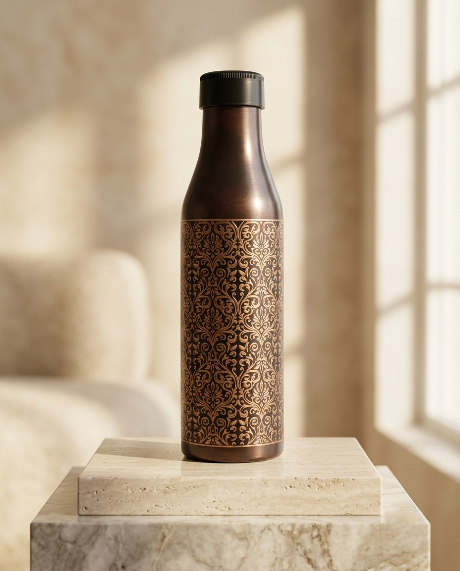 Shivara Premium Pure Copper Water Bottle 1000 ml | Antique Floral Design