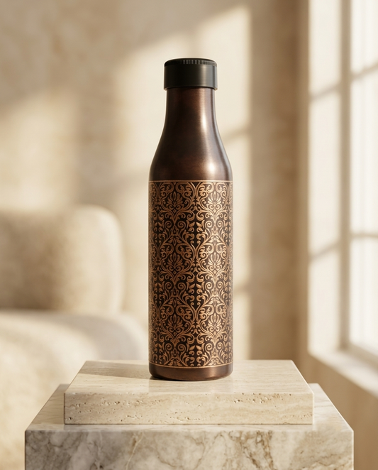 Shivara Premium Pure Copper Water Bottle 1000 ml | Antique Floral Design