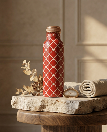 Shivara Premium Pure Copper Water Bottle 1000 ml | Red Printed Design