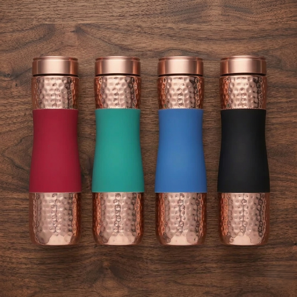 Shivara Premium Copper Water Bottle Set of 4 | Hammered Finish