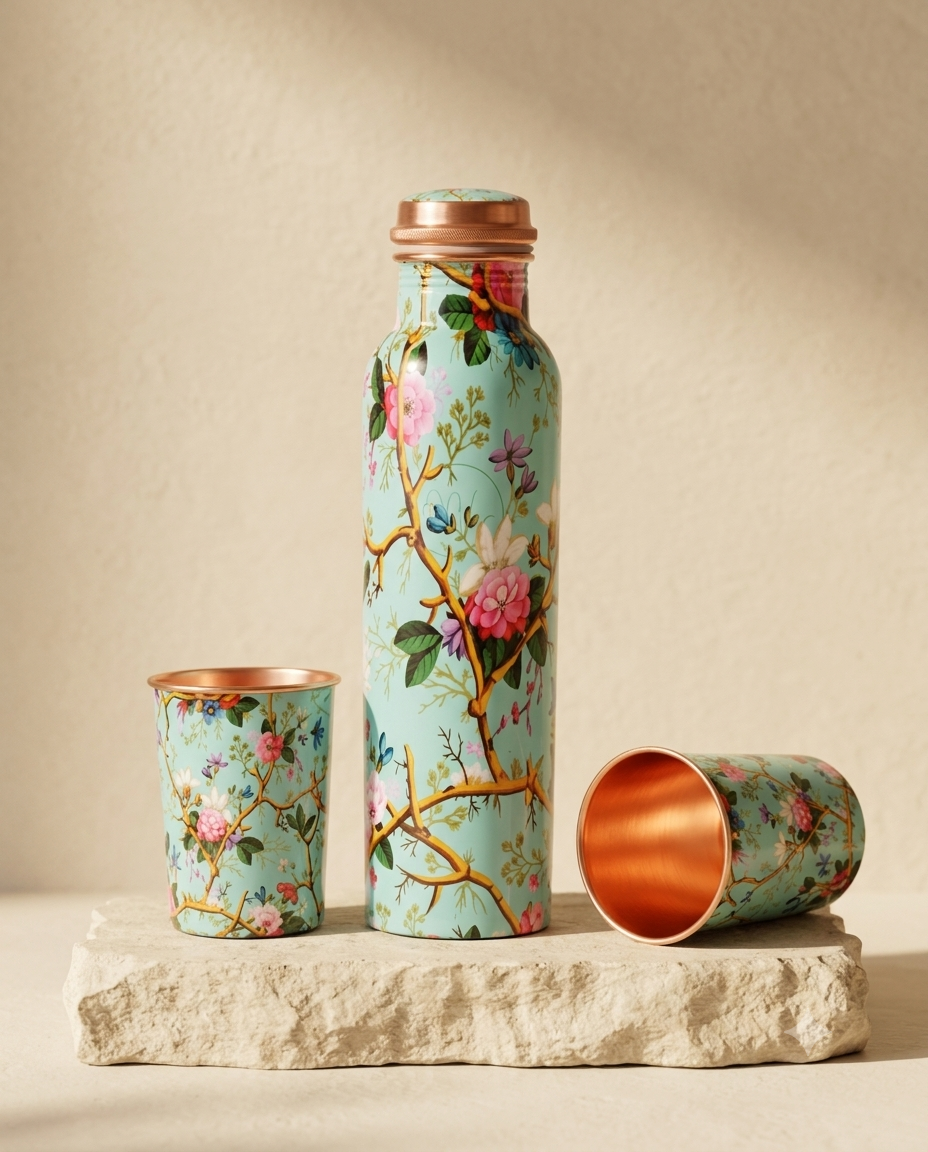 Floral Design Pure Copper Water Bottle Set - 1000 ml Copper Bottle with 2 Matching Copper Glasses