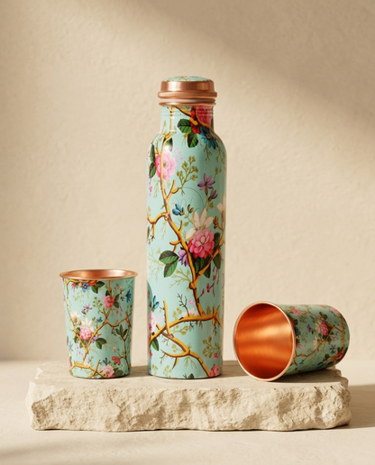 Floral Design Pure Copper Water Bottle Set - 1000 ml Copper Bottle with 2 Matching Copper Glasses