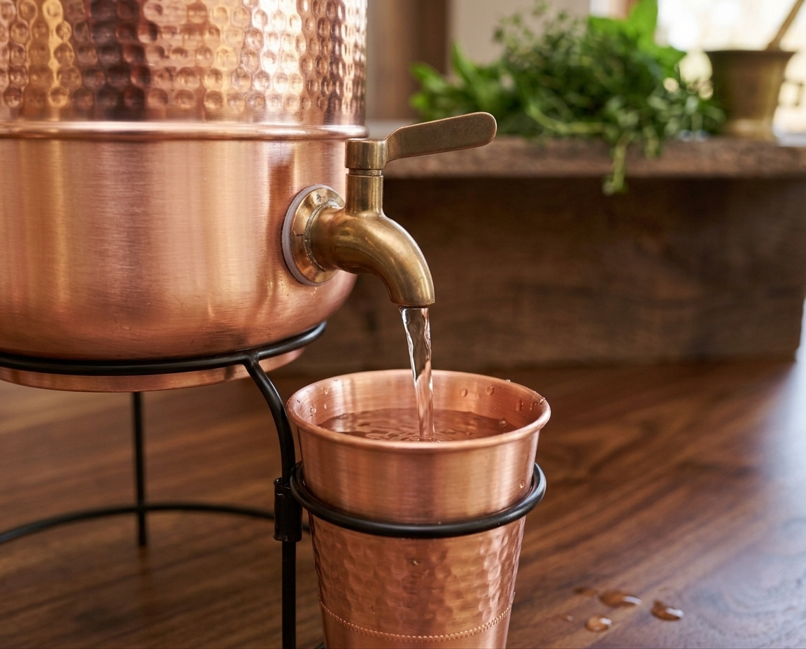 Shivara Premium Half Hammered Pure Copper Water Dispenser 5 Litre with 1 Glass & Stand