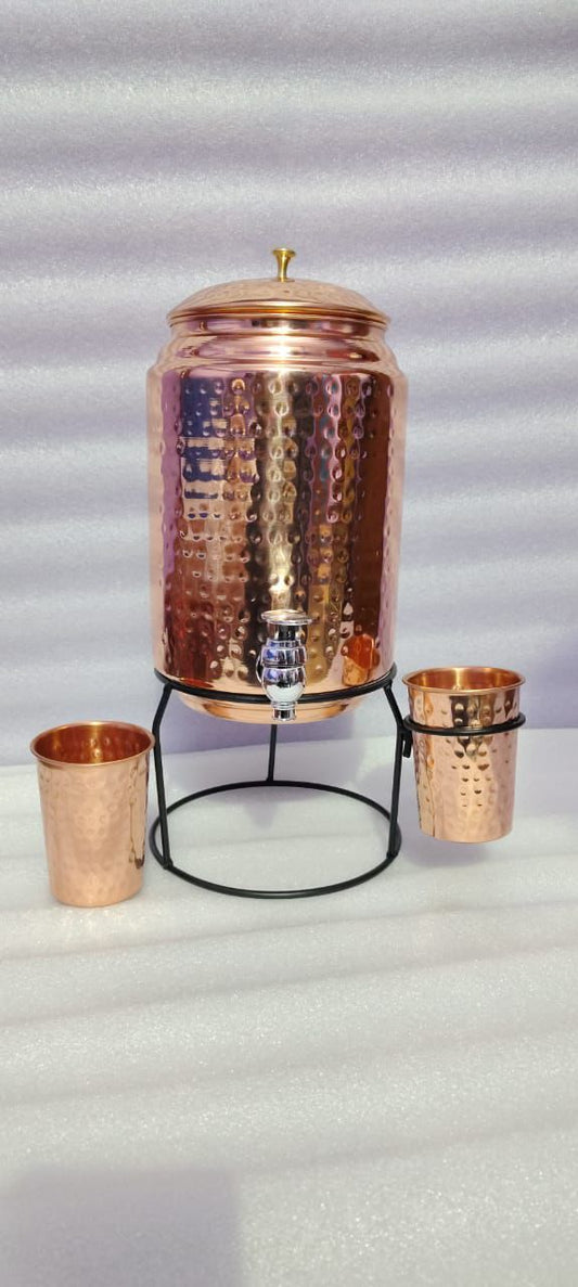Shivara Premium Hammered Pure Copper Water Dispenser 5 Litre with 1 Glass & Stand