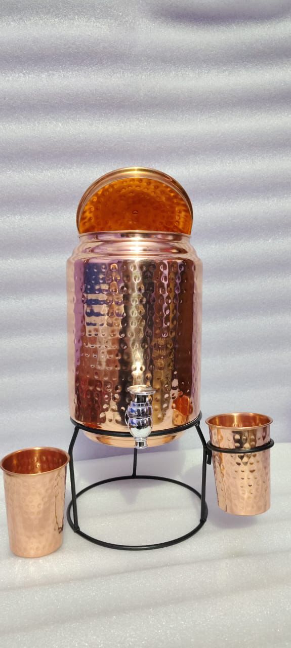 Shivara Premium Hammered Pure Copper Water Dispenser 5 Litre with 1 Glass & Stand