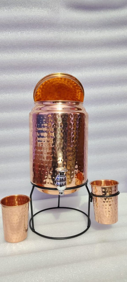 Shivara Premium Hammered Pure Copper Water Dispenser 5 Litre with 1 Glass & Stand