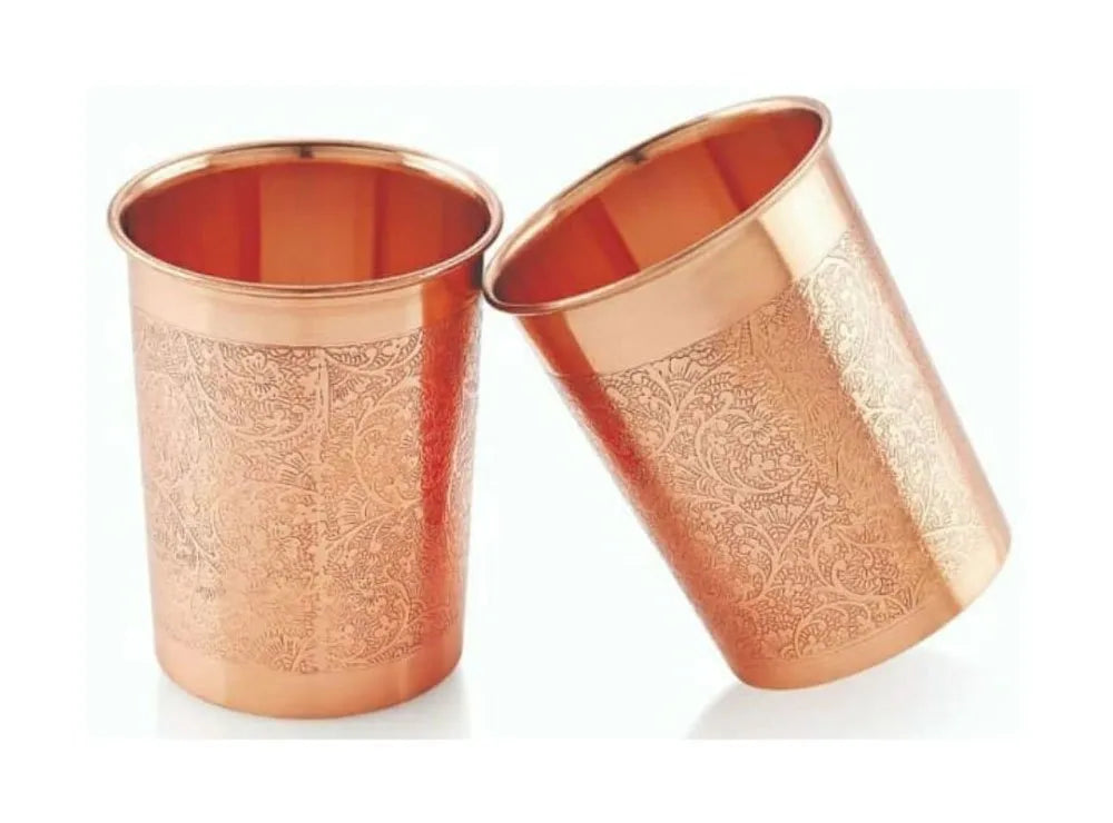 Shivara Pure Copper Engraved Tumbler Glass – Set of 2 | 300ml