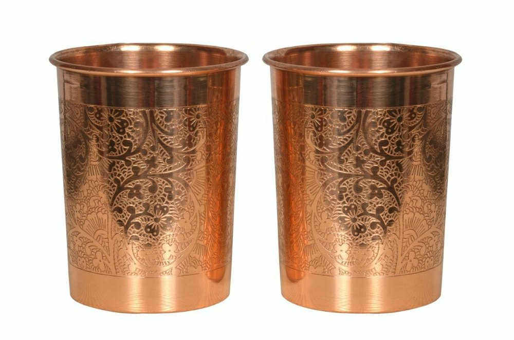 Shivara Pure Copper Engraved Tumbler Glass – Set of 2 | 300ml