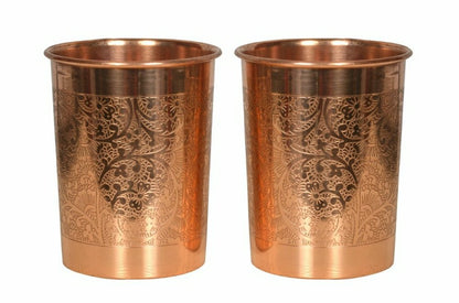 Shivara Pure Copper Engraved Tumbler Glass – Set of 2 | 300ml